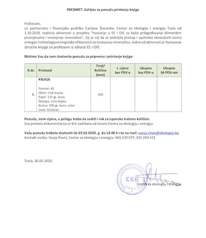 Zahtjev za ponudu štampanje knjige iz oblasti EE i OiE